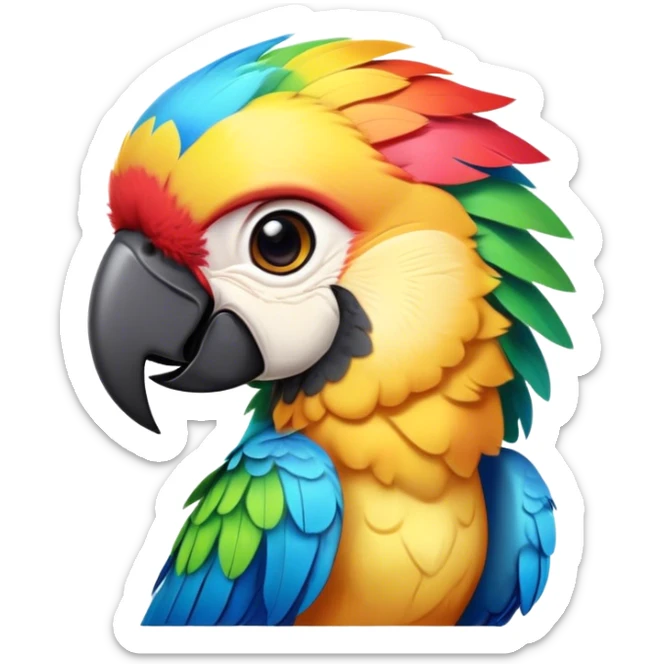 Cinematic Cute Macaw Portrait Emoji, Head tilted playfully and inquisitively, with a dazzling array of colorful plumage and round, sparkling eyes filled with charm, Simplified yet irresistibly adorable features, highly detailed, glowing with a warm, friendly tropical glow, high shine, affectionate and lively, stylized with a touch of whimsical vibrancy, bright and endearing, soft glowing outline, capturing the essence of a mischievous yet loving parrot that seems as if it could flutter out of the screen into your arms! sticker