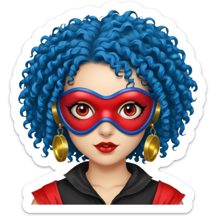 blue curly haired girl with huge earrings, wearing red paintball eye mask , only face  sticker