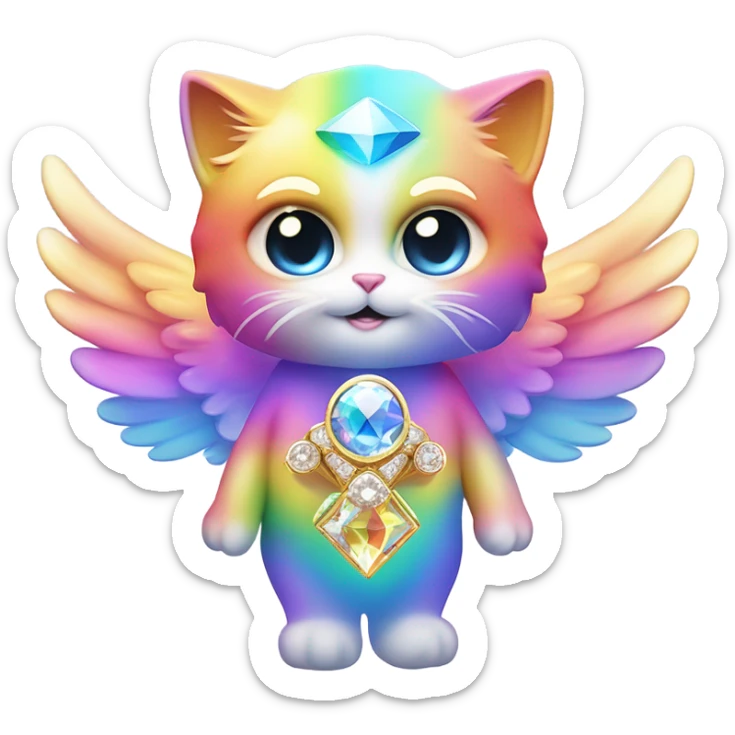 Transcendent Cute Heavenly Rainbow 4d Diamond ultra mega surpream Omni-Cat God with wings and a ring around its body and another ring above it’s head  sticker