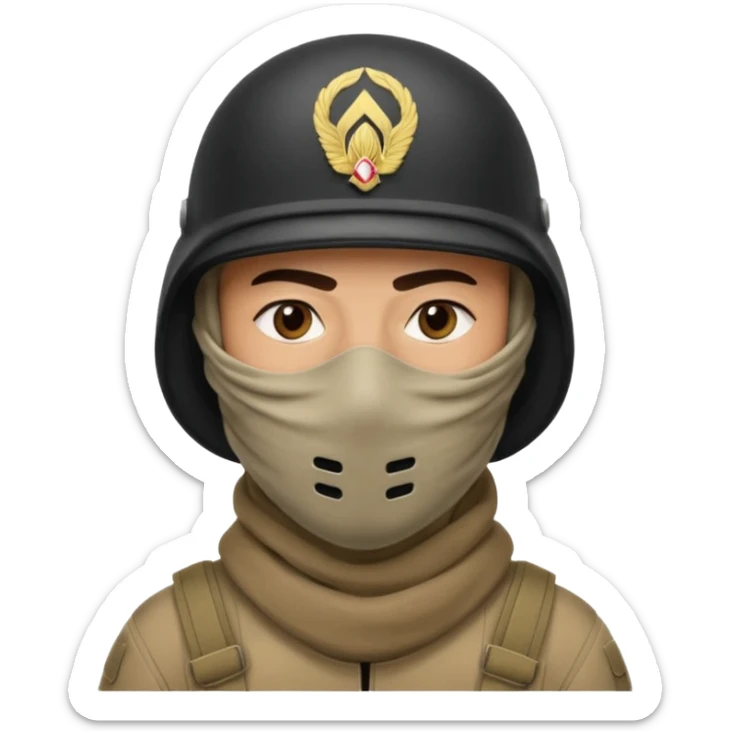
an Iraqi soldier with a serious face, wearing a helmet and a balaclava covering his mouth sticker