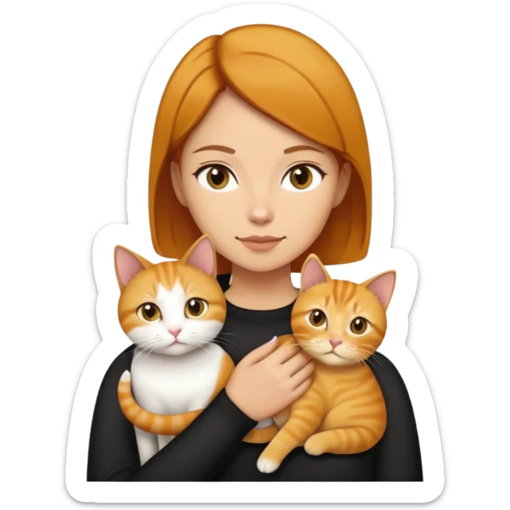 Straight short hair ear length in dark brown , skin tone honey . holding one ginger cat and one yellow white cat same size  sticker