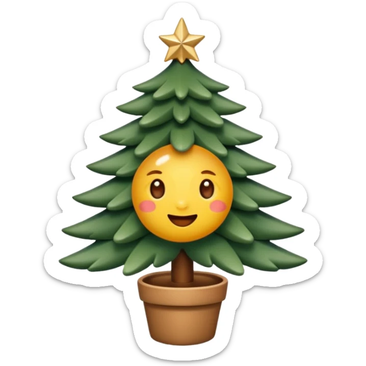 Un emoji représentant un petit sapin stylisé, sans bouche, avec deux grands yeux de biche brillants couleur cannelle. Style minimaliste, mignon et expressif, comme un sticker ou un emoji moderne. Fond parfaitement transparent, haute qualité, bien centré. sticker