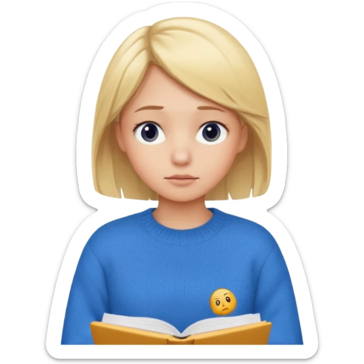 blonde girl in a blue sweater with a tired look studies lessons emoji ios 18.1 sticker