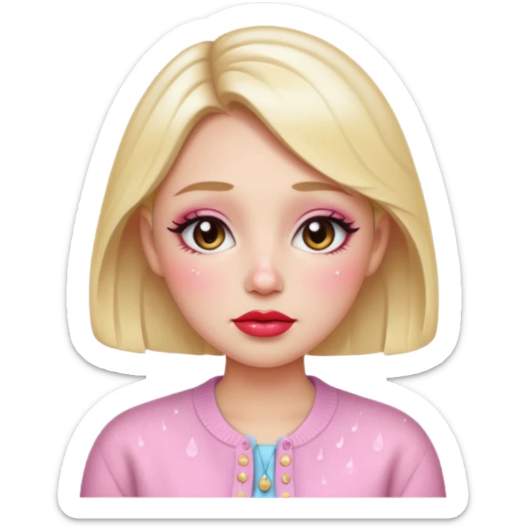 “Emoji girl, dewy skin, heavy blush across cheeks and nose bridge, glossy cherry lips, soft eyeliner, teary sparkling eyes, pastel cardigan.” sticker