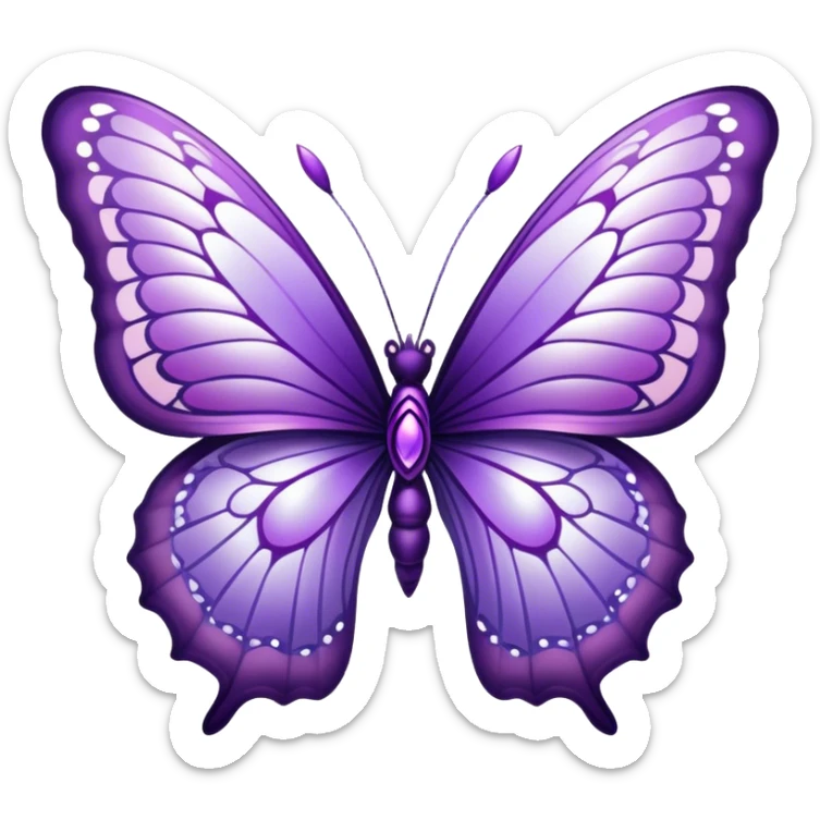 "A majestic butterfly in shades of purple, with intricately detailed wings featuring a mesmerizing pattern resembling delicate lace. The wings shimmer with an iridescent glow, reflecting hues of amethyst and lilac. The butterfly hovers gently above a field of blooming lavender, surrounded by tiny dewdrops glistening in the morning sunlight. A soft-focus background creates a dreamy atmosphere, emphasizing the elegance and ethereal quality of the butterfly."
 sticker