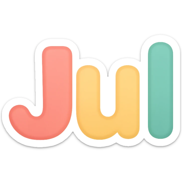 the word 'Jul' in a playful, colorful icon style, with soft edges and a fun vibe sticker