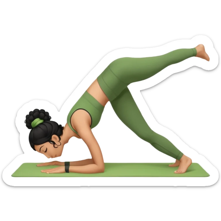 a woman with olive skin tone and curly black hair wearing green and doing a downward dog yoga pose sticker