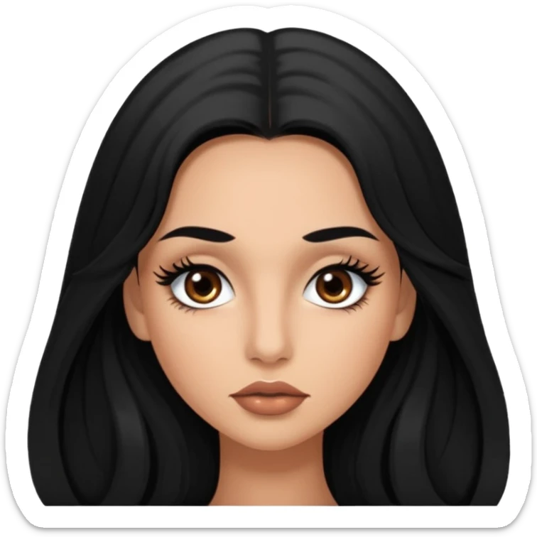 Lightly tan woman with black long hair brown eyes full lips and dramatic long dark eyelash extensions and a small mole on her upper left cheek sticker