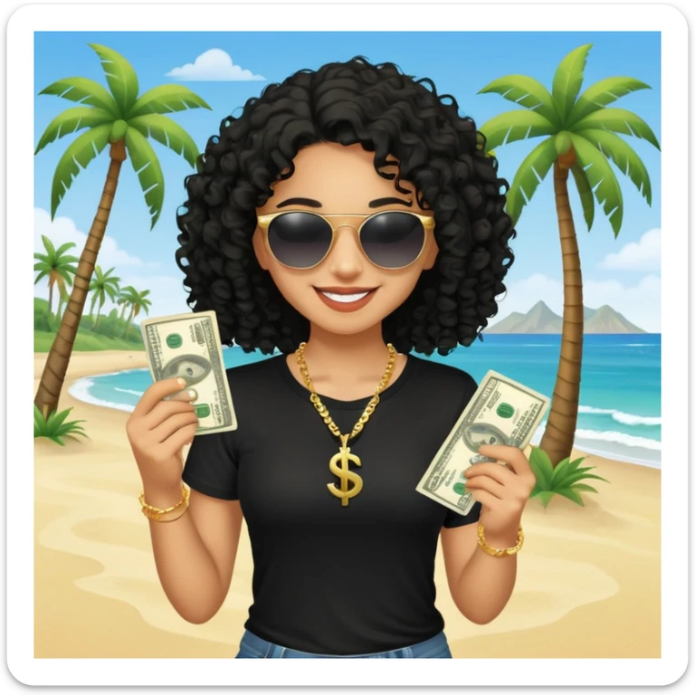 Mixed-race person with curly hair smiling, wearing black t-shirt, necklace and sunglasses, holding dollar bills in both hands, at beach with palm trees sticker