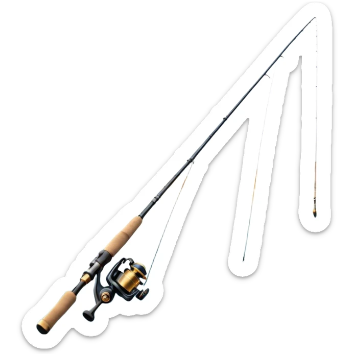 Cinematic Realistic Fishing Rod, sleek graphite rod with a smooth, polished reel, thin line disappearing into a shimmering lake, warm golden sunlight reflecting off the water, glowing with a tranquil and adventurous aura. sticker