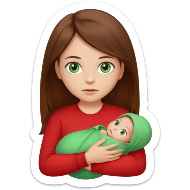 a girl with brown strait hair and has baby green eyes has a red t-shirt no baby sticker