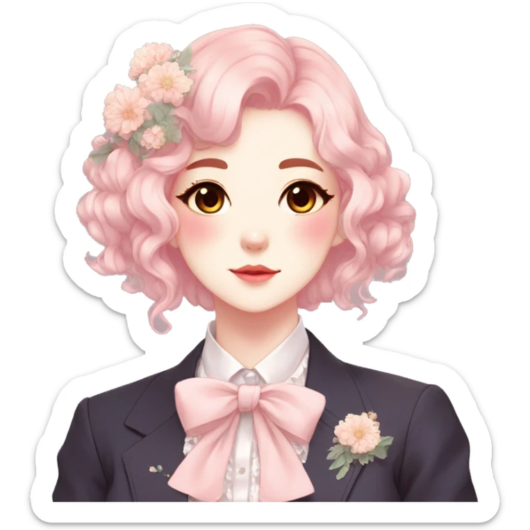 Gorgeous pastel anime style lady with blushing face and flowers and laces and bow ties and pretty hair aesthetic trending style sticker