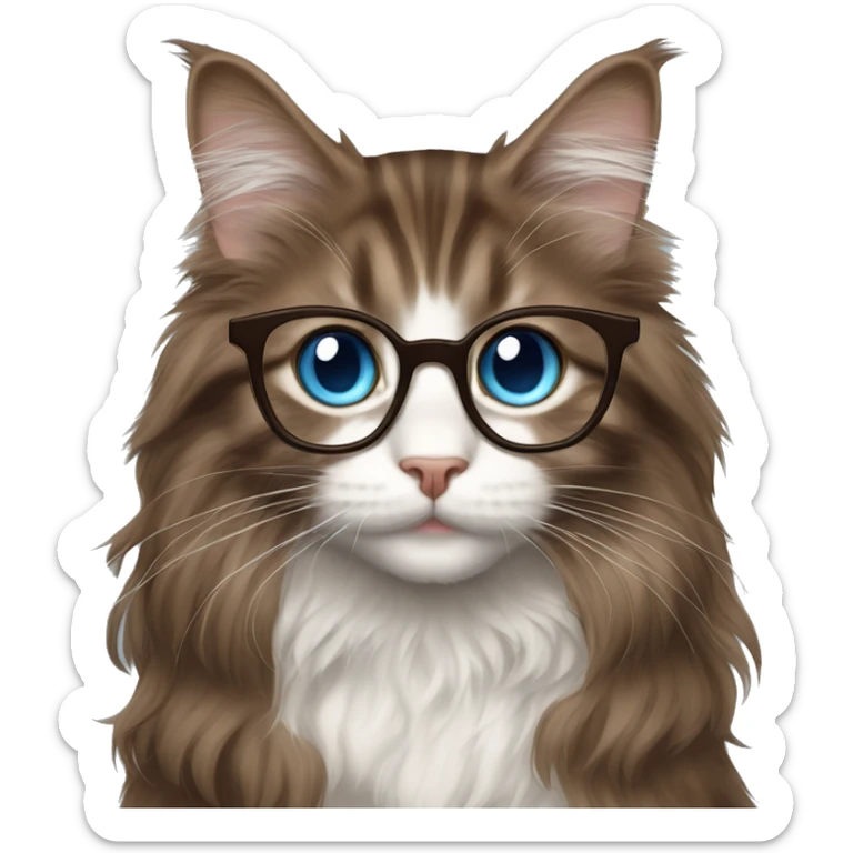 Russian girl blue eye glasses long brown hair maine coon cat sticker