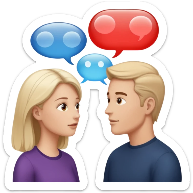 a person chatting up another person, one white male, one white woman facing each other talking with speech bubbles above their head sticker