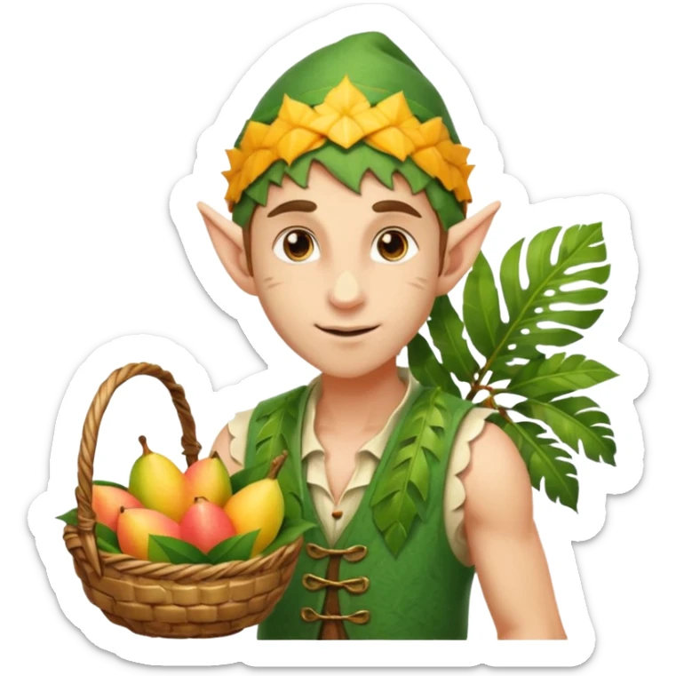 elf male Sleeveless vest with palm-leaf print, basket of exotic fruits (mango/lychee), sunburned nose. sticker