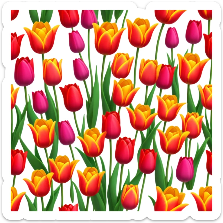 Tulips – Cinematic Realistic Tulips, depicted as a vibrant field of blooming tulips in brilliant hues, each delicate petal catching dewdrops under soft, natural spring light, rendered with detailed textures and a dreamy, picturesque glow. sticker