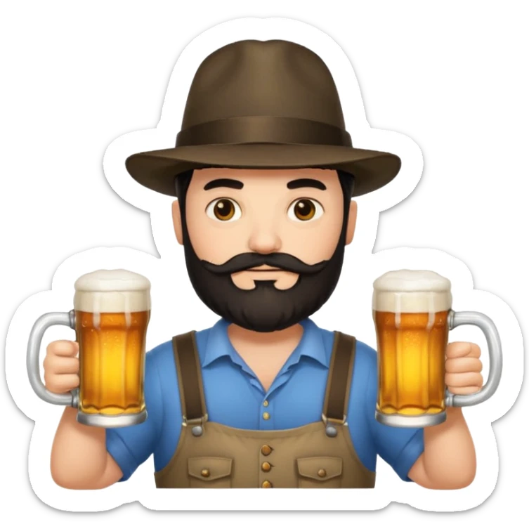 big man in yoga pose, bright skin, dark beard and dark short hair, holding beer mugs sticker