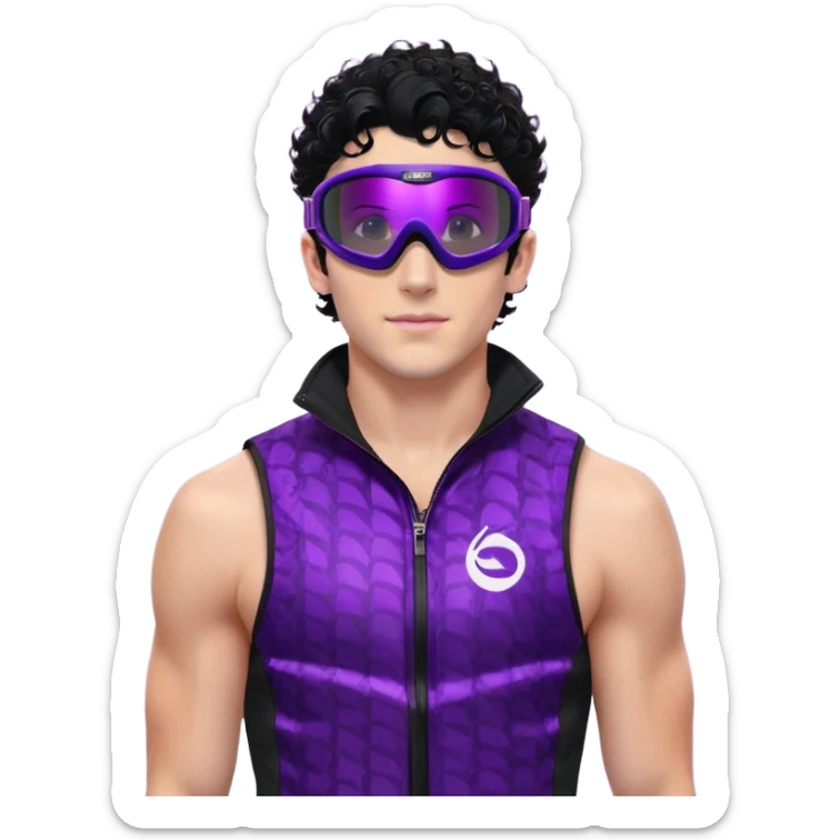 male athlete with white skin and moderately curly black hair on top with shaved sides, wearing ski goggles with purple frames and very dark black lenses, a simple plain black chain necklace, and a completely unzipped sleeveless vest with purple and black sequin fire pattern design with no logo or brand emblem, fully revealing his chest, shoulders and arms, no earrings sticker