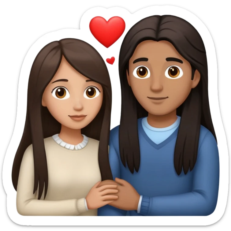 Una pareja donde el hombre es de piel mestiza con cabello castaño oscuro solo un poco largo y liso, y la mujer de piel clara, cabello castaño oscuro y largo, que estén abrazados con corazones blancos
 sticker