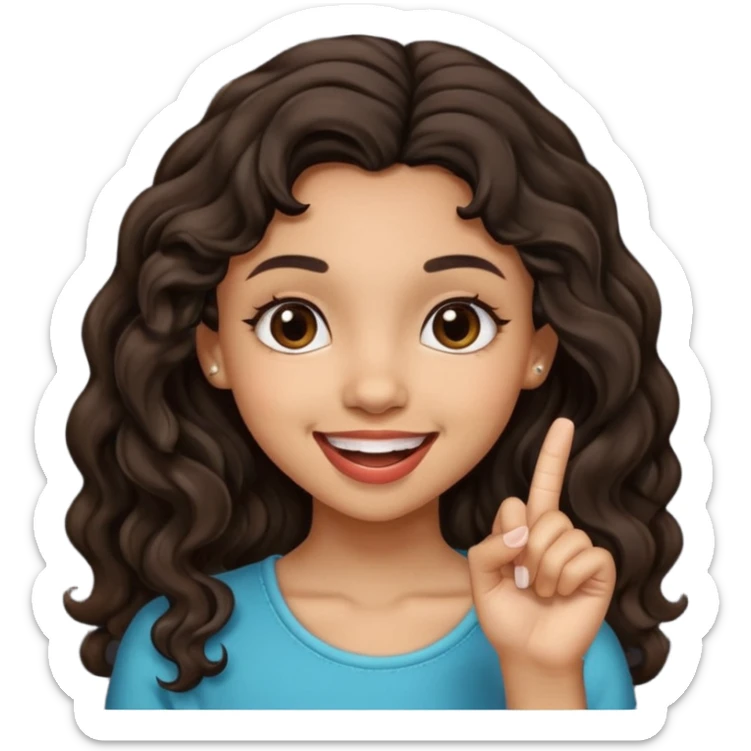 a light skin girl w black slight brown really tall wavy hair biting one fingering and smiling (in a flirty way) with big brown pretty eyes sticker