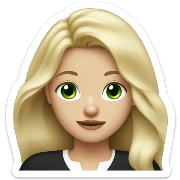 Blonde girl with long hair, with green eyes in a black dress with a white neckline sticker