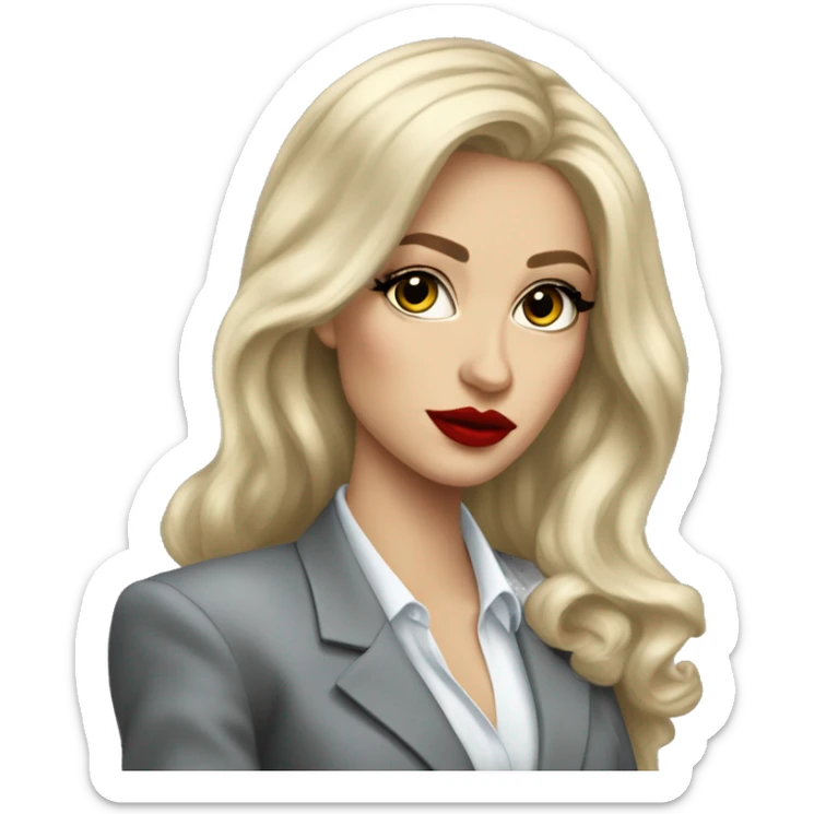 Russian Blonde long hair with big red lips small nose and black eyes Tiffany diamond seller in a grey suit sticker