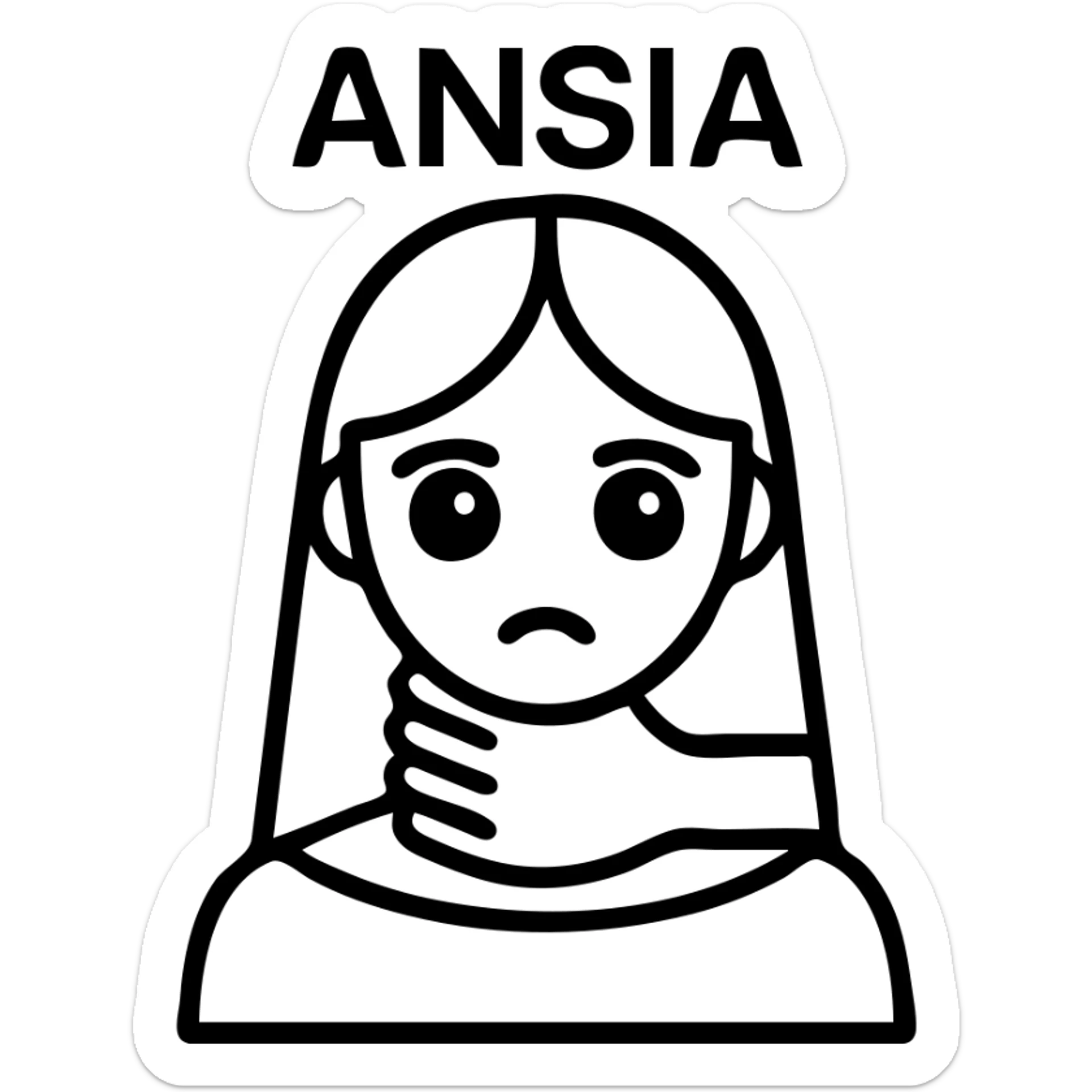 Stylized woman in black and white with glossy eyes and a lost gaze, a black hand gripping her neck, text 'ANSIA' above the head, similar style to the reference, variant 4. sticker