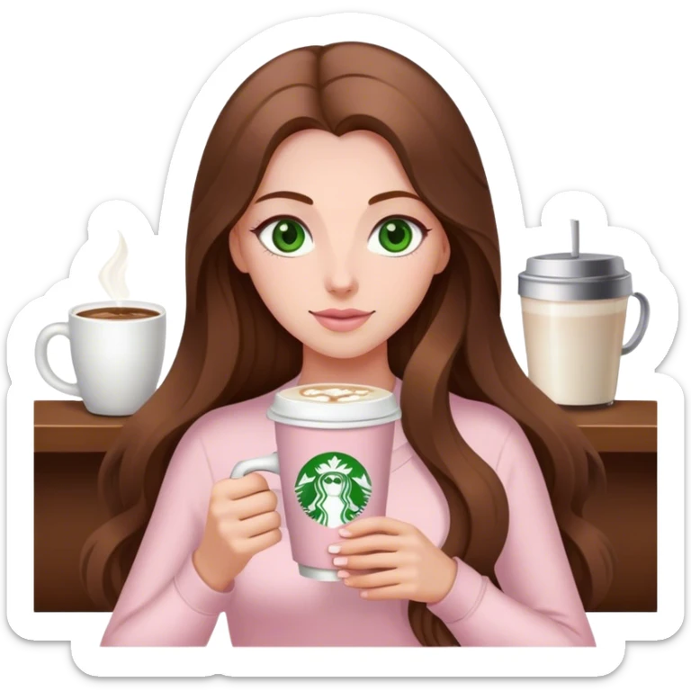 pretty woman with very long brown hair and green eyes and light pink outfit with a latte sticker