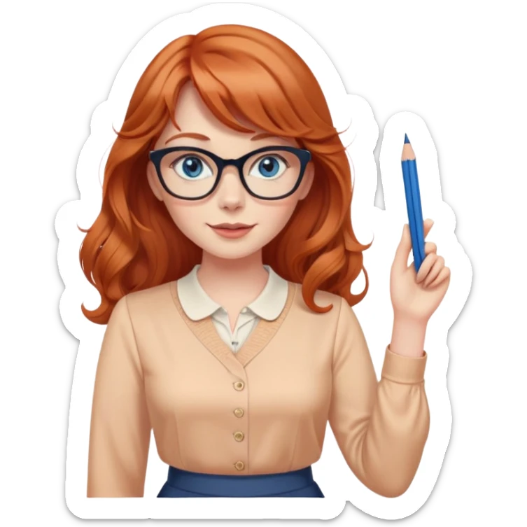 redheaded woman with long wavy hair and bangs, blue eyes, cat-eye glasses, pencil skirt, apricot blouse, holding a pencil, waving sticker