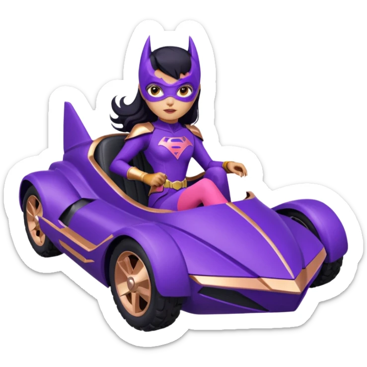 Hot full size real-appearance racing action BatGirl’s Lego feminine midnight-purple tight outfit sixty’s tv show 1992 stealth retro cat burglar sporty petite off-road pursuit hovering hover cruiser car rose gold accents (black hair,reclined and relaxed seating position and attitude) desert sticker