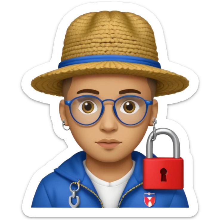 An emoji of Bad Bunny, the superstar from Puerto Rico. The singer. His hair is curly. He has a padlock beard. An an traditional boricua hat.  sticker