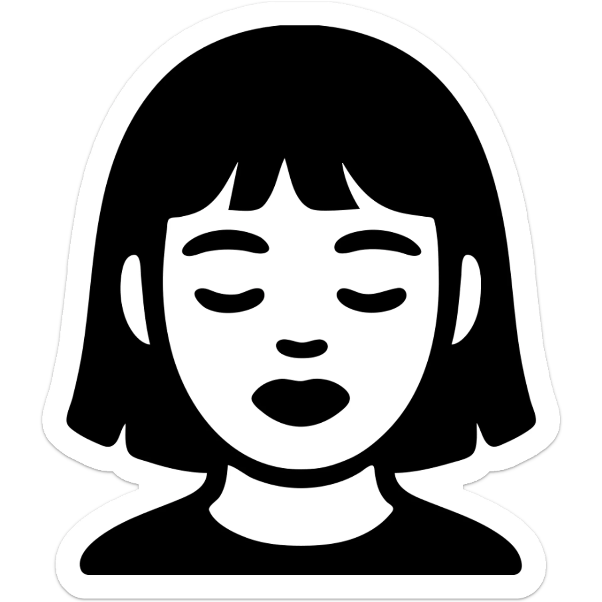 A young Asian woman with short, dark brown hair with bangs, neutral facial expression, closed eyes, vibrant red lips, light beige skin tone, close-up portrait, plain white background, cartoon-like and stylized, bright and saturated colors, even and flat lighting, neutral atmosphere, solid style. sticker