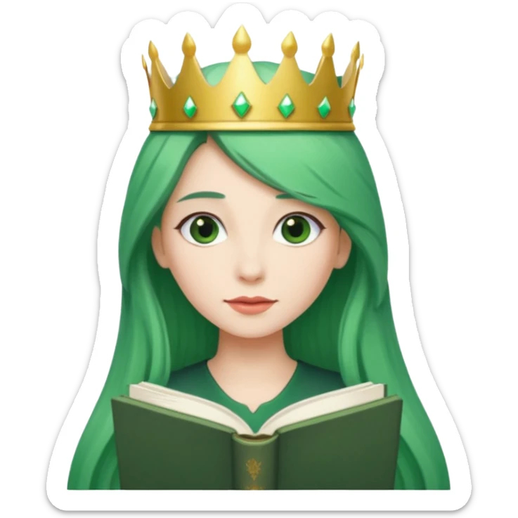 Long Hair Women with green Book, White straight hair, crown

 sticker