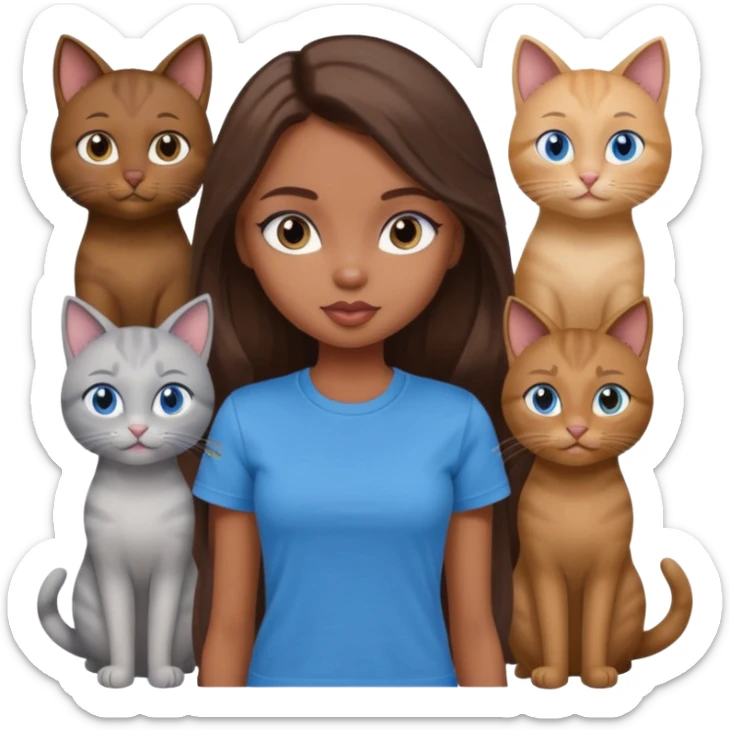 a pretty bratz dusky light skin girl with long brown hair, blue eyes with six cats nd wearing a grey tshirt sticker