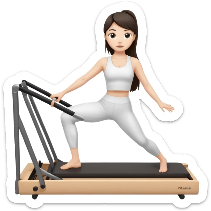 a girl doing reformer pilates, she is wearing a white fit and she has dark straight and loose hair.  sticker