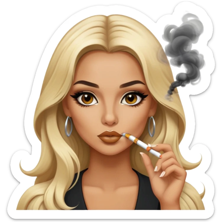 blonde gorgeous girl long hair with latina makeup smoking a cigarette and blowing smoke baddie winged eyeliner  sticker