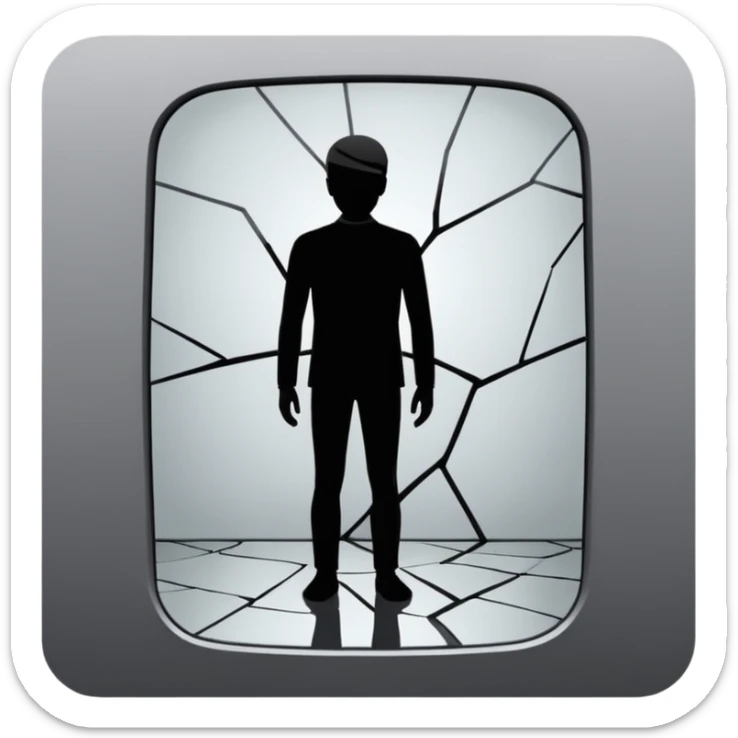 Minimalist emoji-style sticker of a person standing in front of a cracked mirror. The mirror shows a dark shadowy silhouette or distorted figure instead of a reflection. Flat black and white design with muted gray tones. No text. Bold, clean lines. Square composition. No shading or gradients. sticker