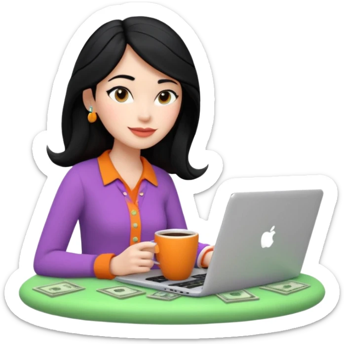 3D clay woman character relaxed with laptop and coffee in Paris, floating icons (dollars), colofrful modern outfit, white laptop, Pixar style, transparent background, black hair, fair skin,  sticker