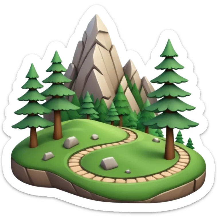 A 3D cartoon mountain trail winding up green slopes with stones and pine trees, distant peaks in background, warm daylight, Memoji-style.A 3D cartoon coiled climbing rope with a carabiner, golden color, resting on a rocky surface, realistic soft shadows, Memoji-style rendering. sticker