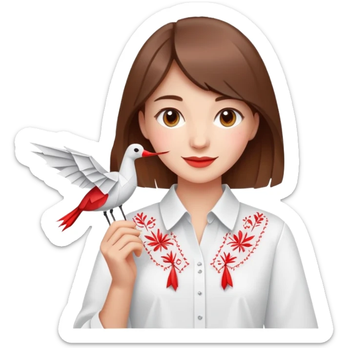 Happy Ukrainian young girl with brown hair in a white embroidered shirt holds an origami red crane sticker