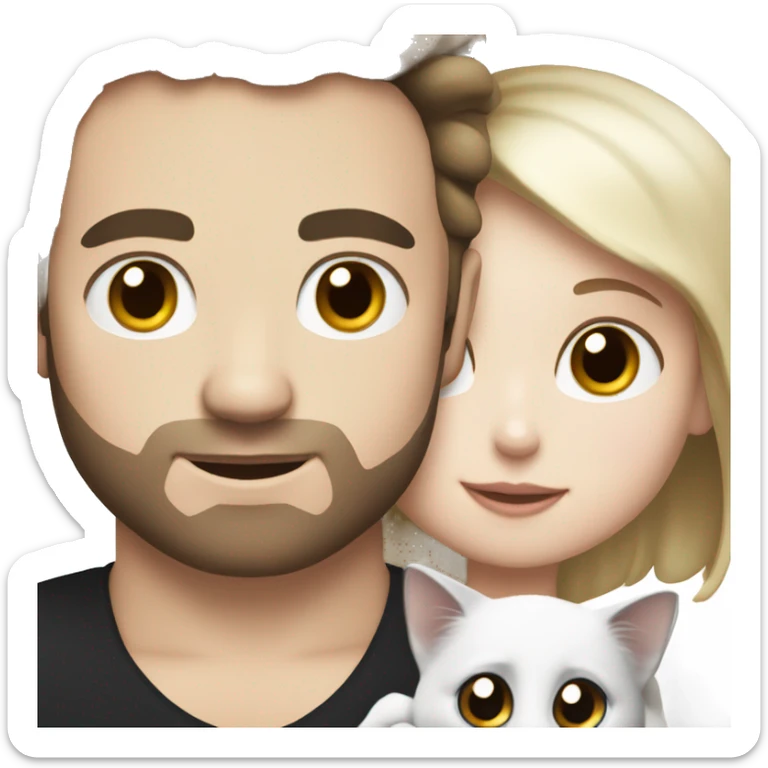 a girl with white skin and a guy with white skin hold a black and white cat in their arms sticker