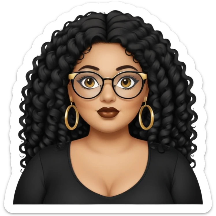 big plus size, latina, darker tan skin, gold hoops, long black curly hair, baddie,pretty, makeup, lipgloss, black eyeliner, long hair, black top, black glasses sticker