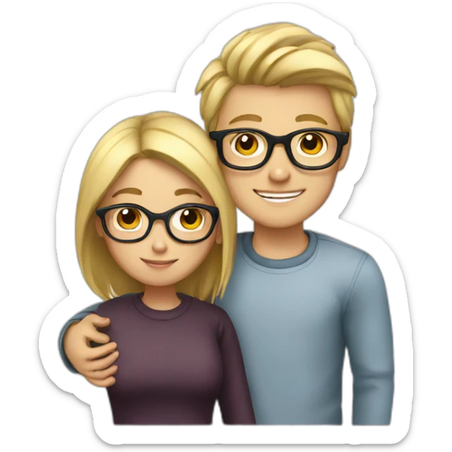 Boy with blonde hair and glasses hugging girl with black hair and glasses sticker
