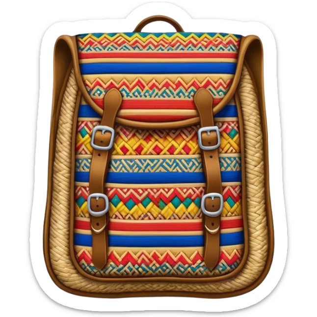 Cinematic Realistic image of a traditional Colombian mochila, rendered with detailed woven textures and vibrant patterns, set against a rustic backdrop with soft, cultural lighting sticker