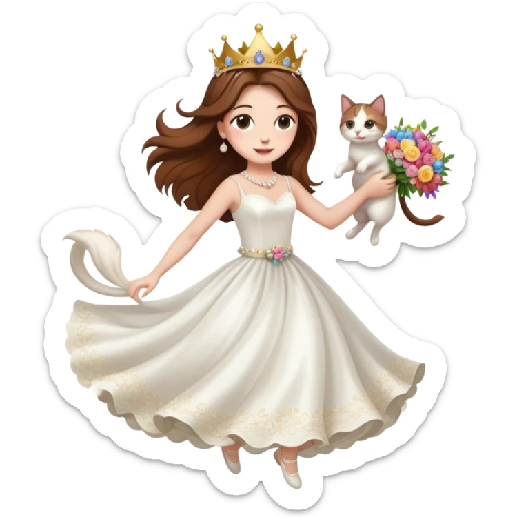 White woman - long hair - white wedding dress - holding a kitten - happy - jumping - stylish - elegant - bouquet - dreamy - colorful - wearing a crown - pearl accessories sticker