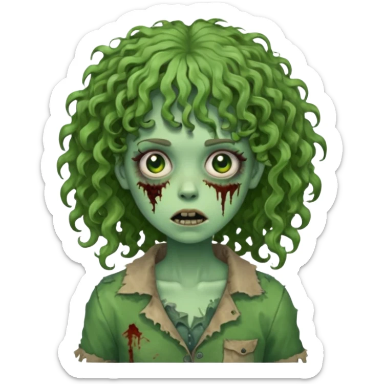 Green zombie emoji girl with curly hair, with curly bangs sticker