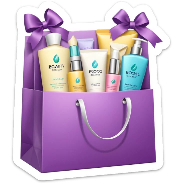 Gift bag with beauty products (shampoo, creams, styling products), a gift bag is beautyful open box full of luxury brand-labeled beauty products sticker