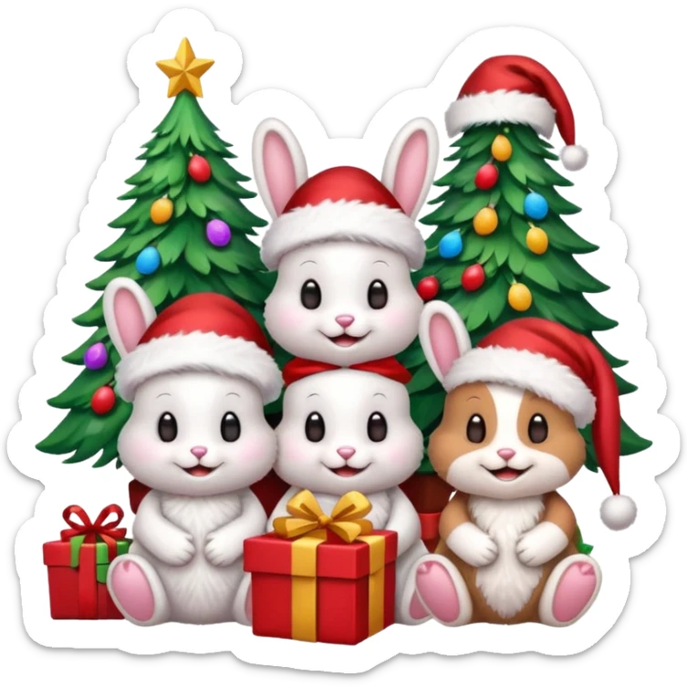 Smiling Bunnys with Santa hats sitting by as friends around brightly lit colorful Christmas trees and candy canes 🎁  sticker