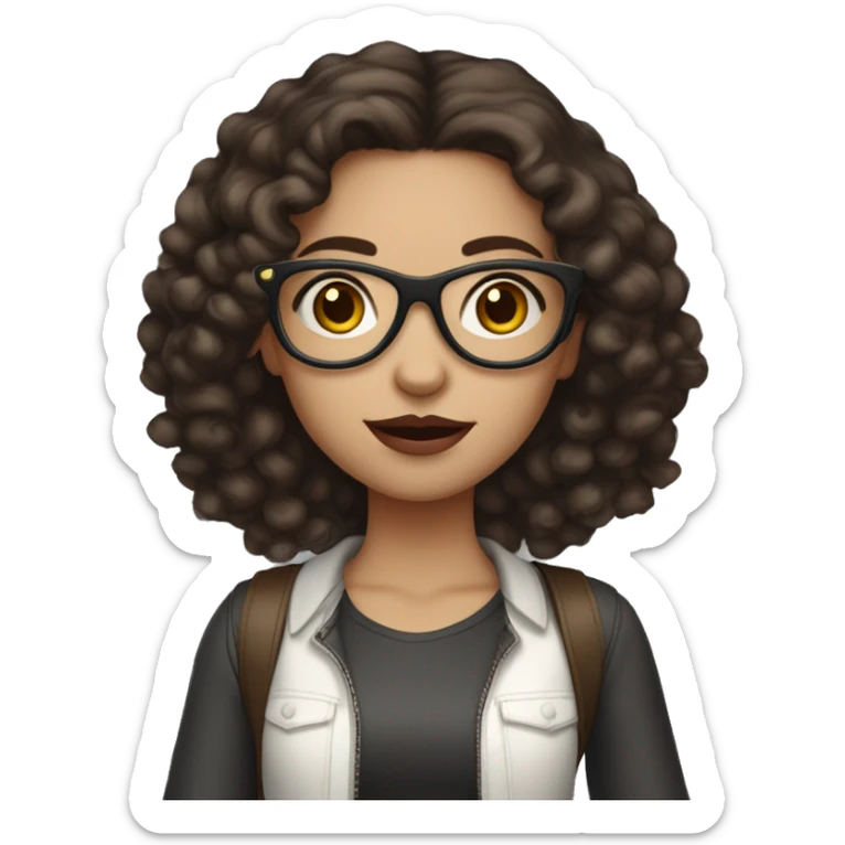 Medium colored skin girl, dark brown hair, curly hair, glasses, dark brown eyes, pale skin, red lips, long hair, holding starbusk sticker