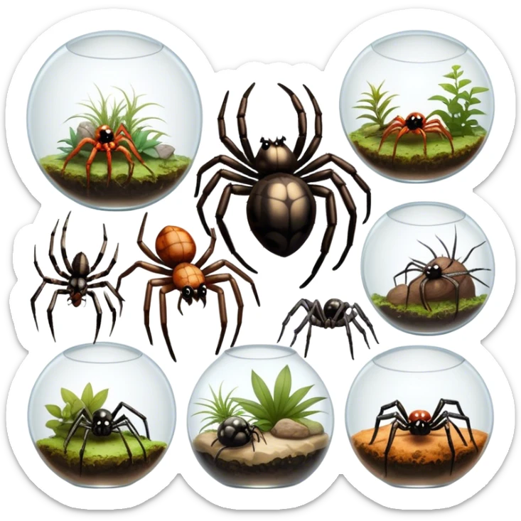 Close-up collage of different pet spiders like tarantulas, jumping spiders, and orb-weavers inside their terrariums. The spiders are in various poses: resting, climbing, spinning webs. Soft natural lighting highlights their textures and details. Transparent background sticker